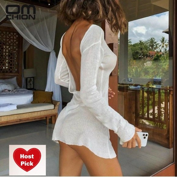 White Swim Dress Sheer Beach Dress Bikini Cover Up See Through Swim Shirt - Picture 3 of 16